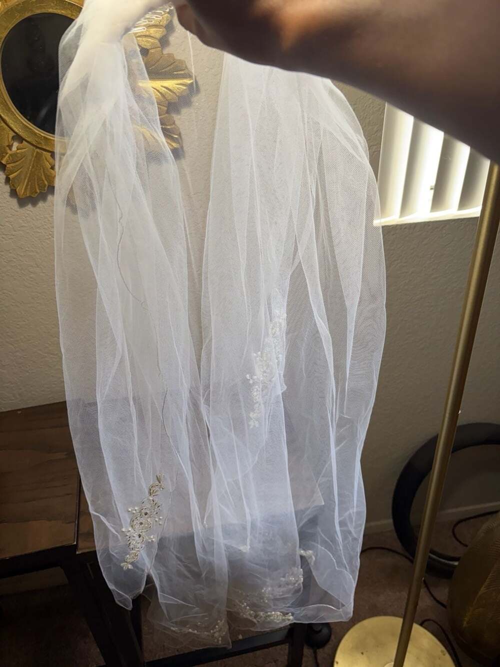Two-Layer Tulle Bridal Veil with Pearl and Bead Embellished Appliqués and Comb